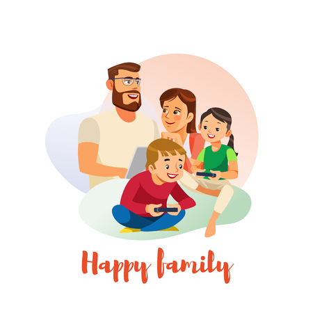 Happy Family Cartoon Vector Concept with Parents Spending Time Together with Kids. Father and Mother Using Laptop, Son and Daughter Holding Gamepad, Playing Video Games. Digital Entertainments at Homeのイラスト素材
