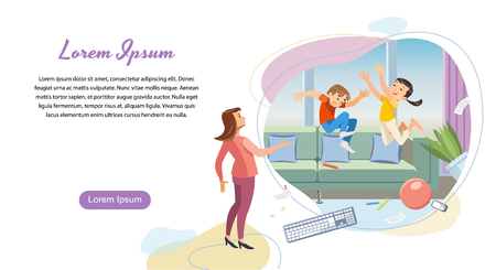 Parenting Naughty Children Cartoon Vector Web Banner or Landing Page with Angry, Annoyed Mother Scolding on Fooling Around Kids Jumping on Sofa, Making Mess in Living Room. Parent Discipline Conceptのイラスト素材