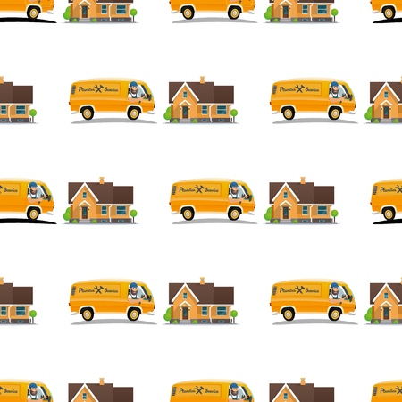 Illustration Pattern Concept Plumber Service. Vector Cartoon Seamless Image Set Yellow Truck Plumbing Repair Service. Private Residential Building. Isolated on White Backgroundのイラスト素材
