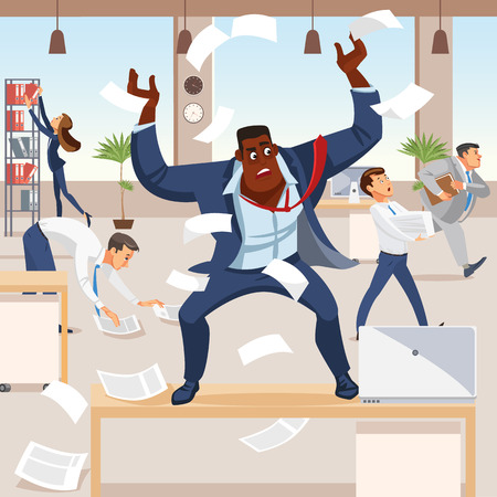 Angry boss screams in chaos at his subordinates. Stressed vector cartoon characters. Office workers hurry up with job. Fun cartoon characters. Vector illustration of work situation.のイラスト素材