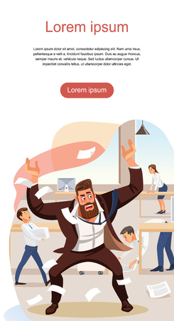 Angry boss screams in chaos at his subordinates. Stressed banner vector cartoon characters. Office workers hurry up with job. Fun cartoon characters. Vector illustration of work situation.のイラスト素材