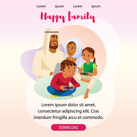 Happy Muslim Family Day Out Vertical Web Banner or Landing Page. Parents in Arabic Ethnic Wear Spending Time Together with Children. Father and Mother Using Laptop while Kids Playing Video Gamesのイラスト素材