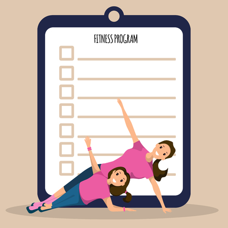 Mother and Daughter Workout Doing Fitness Program. Banner Image Happy Smiling Woman and Child Yoga Pose. Family Fitness Training Individual Sports Program. Healthy Lifestyle People.のイラスト素材