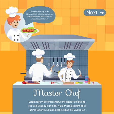 Culinary Concept Illustration Restaurant Business. Banner Rectangular Page Vector Illustration Cartoon Two Master Chef Process Preparing Restaurant Dish for Visitors. Cook Holding her Hand Ready Dishのイラスト素材