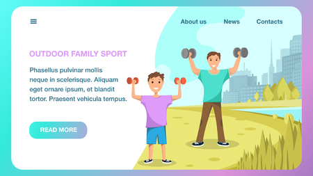 Banner Outdoor Family Sport Happy Father and Son. Smiling Man and Child Play Sport with Dumbbell Open Air in City Park. Morning Training against Backdrop Silhouette City. Healthy Lifestyle.のイラスト素材