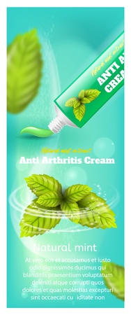 Banner Anti Arthritis Cream Natural Mint Extract. Vector Image Concept Get Rid of Joint Pain, Natural Mint Ingredients, Prevents Deposition of Salts, Heals Joints and Tissues, Relieves Muscle Spasmsのイラスト素材