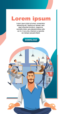 Relaxing and Stress Relief at Workplace Flat Vector Vertical Web Banner with Young Businessman Meditating, Trying to Get Calm in Noisy Office Illustration. Personal Productivity Course Landing Pageのイラスト素材