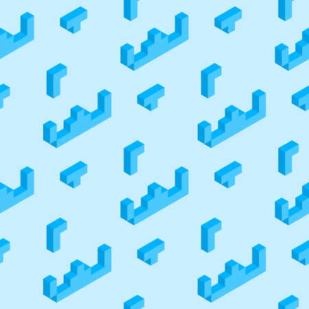 Vector Illustration Playing Brick Seamles Pattern. Image Blue Brick Different Shape Folding into Diverse Shape. Game Construction Subject. Isolated on Blue Background. Gift Wrap, Design Templateのイラスト素材