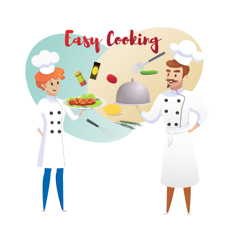 Culinary Concept Illustration Restaurant Business. Vector Illustration Cartoon Chefs, Women Chefs are Holding Ready made Dishes Restaurant Menu Background Easy Cooking. Isolated White Backgroundのイラスト素材