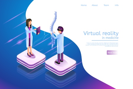 Isometric Banner Virtual Reality in Medicine 3d. Vector Illustration Group Doctor Studying Problems Spine Patient. Male Doctor Uses Virtual Reality Glasses Detailed Diagnosis Projection Spineのイラスト素材