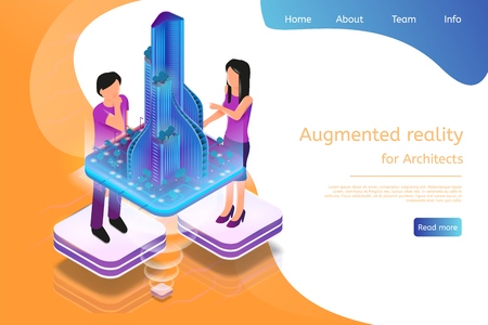 Isometric Banner Augmented Reality for Architects. Vector Illustration Man and Woman Working Architectural Project. Graphic Projection Building Structure City. Technology Future Work and Businessのイラスト素材