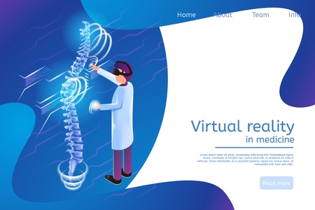Isometric Banner Virtual Reality in Medicine 3d. Vector Illustration Man Doctor Studying Problems Spine Patient. Doctor Uses Virtual Reality Glasses Detailed Diagnosis Projection Spineのイラスト素材