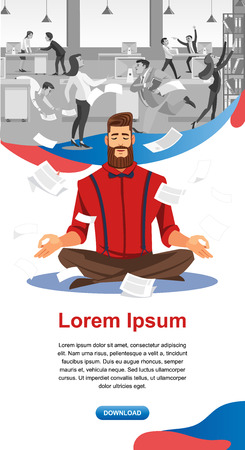 Personal Productivity, Stress Relief in Work Cartoon Vector Vertical Web Banner with Businessman Meditating in Noisy Office Illustration. Yoga Practices for Internal Balance Online Course Landing Pageのイラスト素材