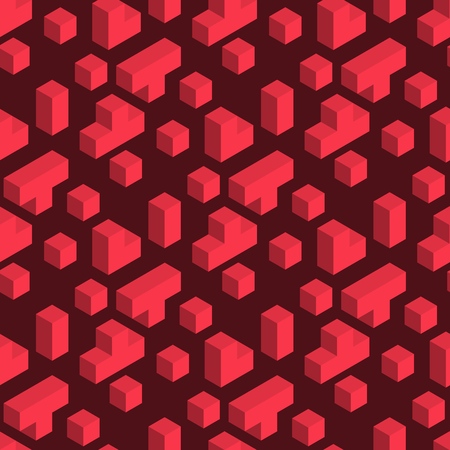 Vector Illustration Playing Brick Seamles Pattern. Image Red Brick Different Shape Folding into Diverse Shape. Game Construction Subject. Isolated on Vinous Background. Gift Wrap, Design Templateのイラスト素材