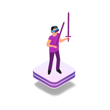 Isometric Gaming Experience in Virtual Reality. Vector Illustration Guy Playing Video Game Using Virtual Reality Glasses. Hologram Projection Virtual Sword. Future Entertainment Industryのイラスト素材