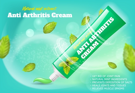 Banner Anti Arthritis Cream Natural Mint Extract. Vector Image Concept Get Rid of Joint Pain, Natural Mint Ingredients, Prevents Deposition of Salts, Heals Joints and Tissues, Relieves Muscle Spasmsのイラスト素材