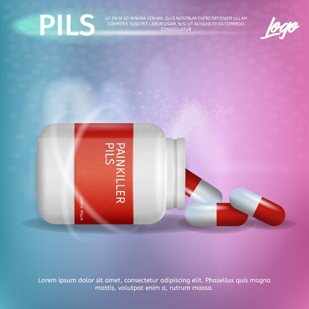 Banner Advertisement Packaging Painkiller Pils. 3d Vector Illustration Infographic Medication lying Pack Pill. Rheumatic Disease Treatment. Rheumatologist Prescription. Dropped Pill from Canのイラスト素材