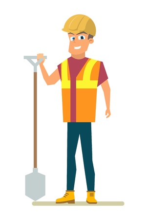 Happy Smiling Builder, Construction Company Worker, Road Repair Service Contractor in Uniform and Protect Helmet Standing with Shovel in Hand Flat Vector Isolated on White Background. Job Opportunityのイラスト素材