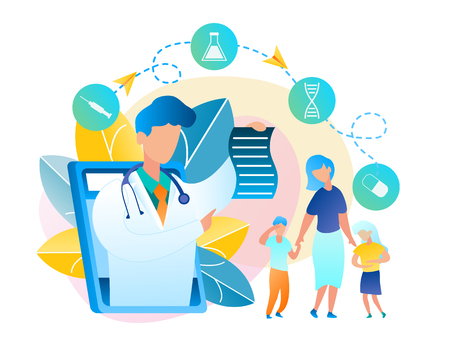 Man Doctor Wrote Prescription Treating Disease. Vector Illustration Mom Communicates Online with Pediatrician Using Tablet. Boy Holds on to Heads, Girl has Stomach Ache. Treat Baby. Screen Monitorのイラスト素材
