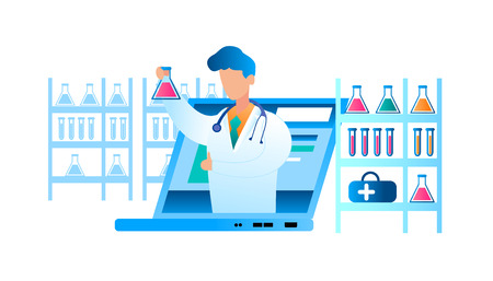 Illustration Online Medical Examination Disease. Vector Image Doctor in White Medical Gown Using Laptop Reports Result Analysis. Medical Laboratory. Rack with Ampoule and Flask. Scientific Researchのイラスト素材