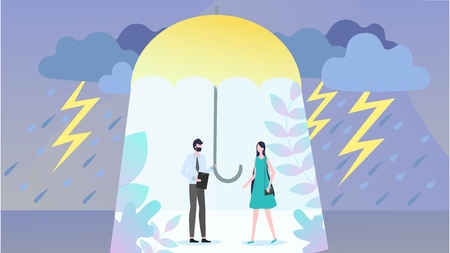 Health and Life Insurance Flat Vector Concept with Insurance Agent Covering Woman From Bad Weather with Umbrella, Offering Policy Illustration. Feeling in Safety, Protection From Natural Disastersのイラスト素材