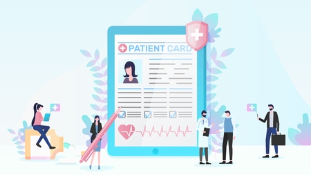 Healthcare Flat Vector Concept with People Using Online Medical Service, Doctor Consulting Patient, Insurance Agent Offering Contract and Patient Personal Medical Card Illustration. Health Insuranceのイラスト素材