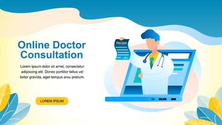 Banner Illustration Online Doctor Consultation. Vector Image Male Medical Professional who has Written an Online Treatment Recipe. Pediatrician in White Medical Gown Screened Laptop Monitorのイラスト素材