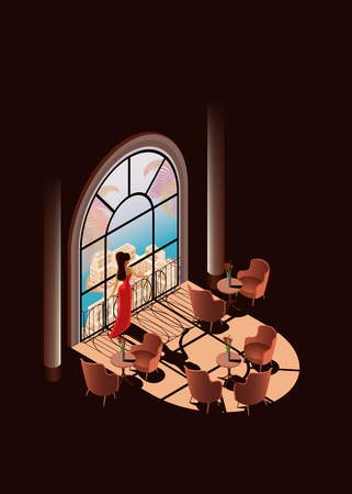 Resting in Luxury Resort Restaurant Isometric Vector Concept. Woman in Long Red Evening Dress Looking on Tropical Seashore, Enjoying Sunset Through Window in Restaurant Comfortable Hall Illustrationのイラスト素材
