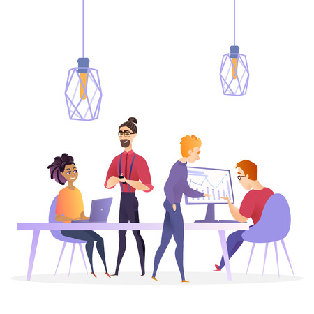 Flat Illustration Creative Office Business Company. Vector Image Workflow Group People. Two Guy are Studying Financial Performance. Display Graphic on Computer Monitor. Man and Woman Communicateのイラスト素材