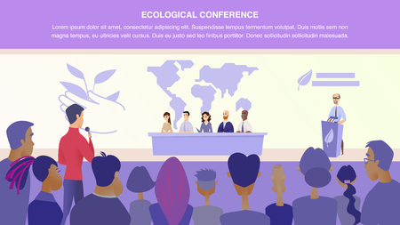 Flat Illustration Guy Asks Group Speaker Question. Banner Vector Illustration Worldwide Nature Protection Specialist. Holding an Ecological Conference. Communication with Group Journalistのイラスト素材