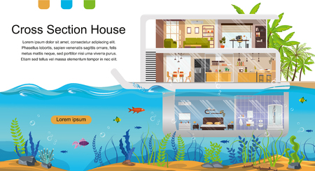 Architectural Bureau, Real Estate Company Flat Vector Horizontal Web Banner, Landing Page with Futuristic Mansion with Sea Bed View From Underwater Level Room, Cross Section Interior Plan Illustrationのイラスト素材