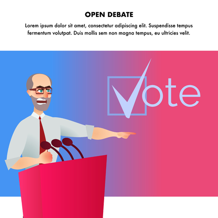 Illustration Open Debate Presidential Candidate. Banner Vector Man in Glasses Candidate for Future Presidential Election. Political Company. Voter Convictions Cast Their Vote. Scene with Red Podiumのイラスト素材