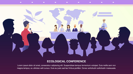 Illustration Interview Journalist Professor Group. Banner Vector Male Journalist Asks Environmental Specialist. Group People Answers Questions from Ecological Conference. Problem Ecology Earthのイラスト素材