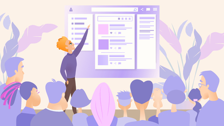 Illustration Presentation Digital Product Company. Vector Image Young Man Talks About New Product by Potential Consumer. Group People Watching on Monitor an Online Service Developed by Companyのイラスト素材