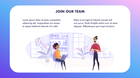 Vector Illustration Man and Woman in Work Setting. Banner Image Cozy Office, Workspace. Join Our Team Professional. Two People are Discussing Working Draft. Group Specialist in their Fieldのイラスト素材