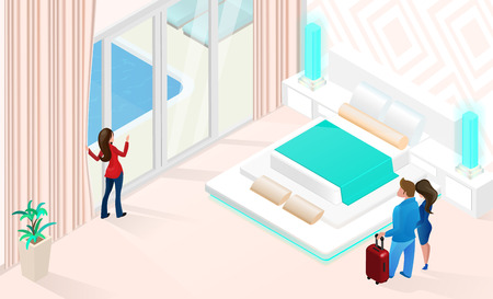 Summer Vacations in Comfortable Hotel Isometric Vector with Hotel Manager Showing to Young Couple their Spacious Room with Bed and Entrance to Swimming Pool Illustration. Honeymoon on Resort Conceptのイラスト素材