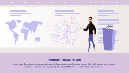Flat Illustration Man Giving Presentation Speech. Banner Vector World Product Presentation. Conference Business Company to Preparation Product. Huge Screen and World Map Image. Stage for Speakerのイラスト素材
