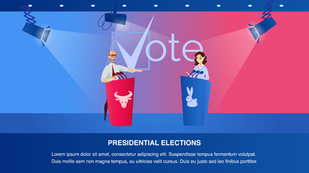Illustration Debate Two Presidential Candidate. Banner Vector Presidential Elections. Man in Glasses Speaks into Microphone from Red Tribune with Bull. Female Opponent Behind Blue Podium with Rabbitのイラスト素材
