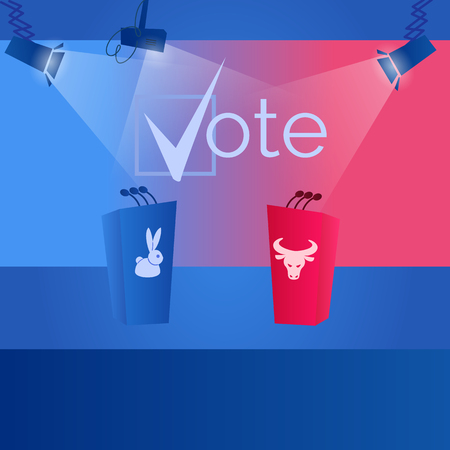Vector Tribune Public Speaking for an Audience. Illustration Two Podium with Microphone Speaker. Blue with Image White Rabbit, Red with Image Bull. Political Race Presidential Candidates. Spotlightsのイラスト素材