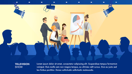 Illustration Shooting Business Television Show. Banner Vector Studio TV Channel. Young Bearded Guy Show Economic is Simple Graph. Scene Presenter, Journalist, Photographer. Group Spectatorのイラスト素材