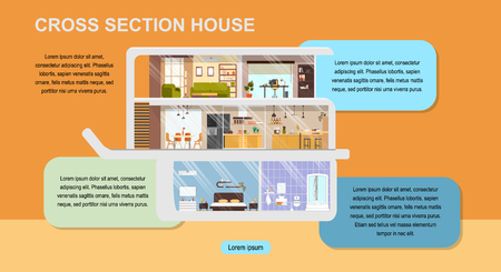 Building, Interior Design or Architecture Company Horizontal Web Banner or Landing Page with House Rooms Cross Section Detailed Plan Illustration. Real Estate Object Benefits and Features Infographicsのイラスト素材