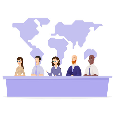 Illustration Conference Protection Planet Ecology. Vector Image Group People Sitting Nature Protection Council. International Assembly World. Large Table for Speaker. Men and Women Fight Environmentのイラスト素材