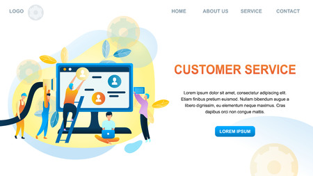 Illustration Group People Customer Support Worker. Banner Vector Image Process Work and Construction Customer Service Department Online Store. Technical Support Client. Site Setup on Computer Monitorのイラスト素材