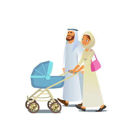 Muslim Couple in Ethnic Clothes Strolling with Baby Carriage Cartoon Vector Illustration Isolated on White Background. Arabic Family Walking with Child, Religious Parents Spending Time Togetherのイラスト素材