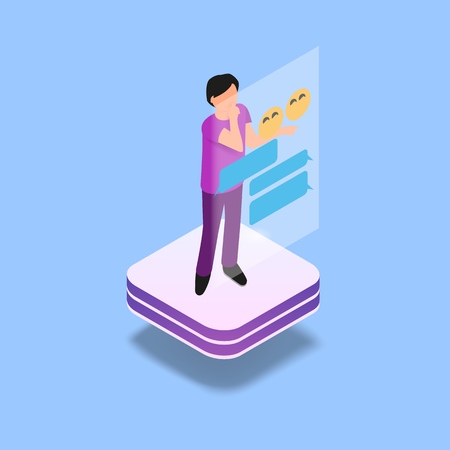 Isometric Image Gaming in Virtual Reality in 3d. Vector Illustration Man Chat Online. Modern Technologies Future for Communication People. Computer Screen Projection. Internet Allows You Keep Touch.のイラスト素材