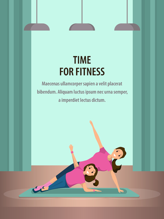 Happy Woman and Child Doing Fitness Training. Banner Image Mother and Daughter Engaged in Yoga. Smiling Girl are Standing in Yoga Pose in Fitness Studio. Time For Fitness Healthy Lifestyleのイラスト素材