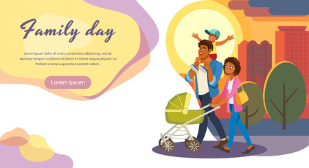Family Day Out Cartoon Vector Horizontal Web Banner or Landing Page with Happy African-American Parents Strolling Baby Carriage, Walking With Kids on City Street Illustration. Family evening strollのイラスト素材