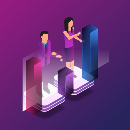 Isometric Augmented Reality for Finance Analytic. Vector Illustration Man and Woman Broker are Working Analytics Business Graph Finance Graph. Stock Trading in Online Financial Marketのイラスト素材