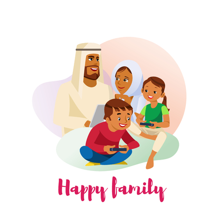 Happy Family Cartoon Vector Concept with Muslin Parents in Traditional Ethnic Wear Spending Time Together with Kids. Father and Mother Using Laptop, Son and Daughter with Gamepad Playing Video Gamesのイラスト素材