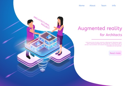 Isometric Banner Augmented Reality for Architects. Vector Illustration Man and Woman Working Architectural Project. Graphic Projection Building Structure City. Technology Future Work and Businessのイラスト素材